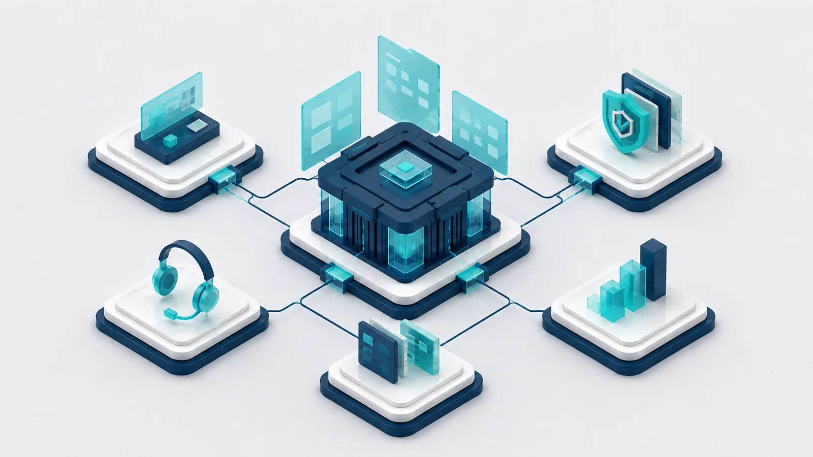 Operations core connected to support, compliance, accounting and reporting modules