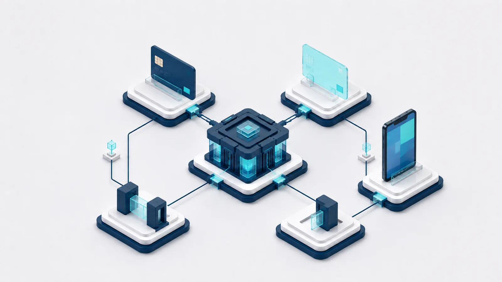 Physical and virtual card concepts connected to a wallet and card-processing flow
