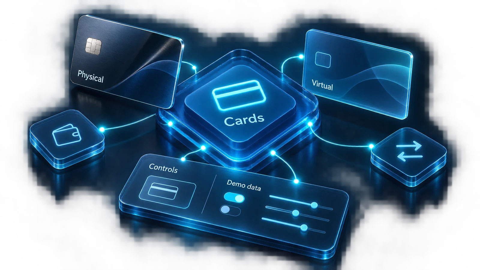 Physical and virtual card concepts connected to a wallet and card-processing flow