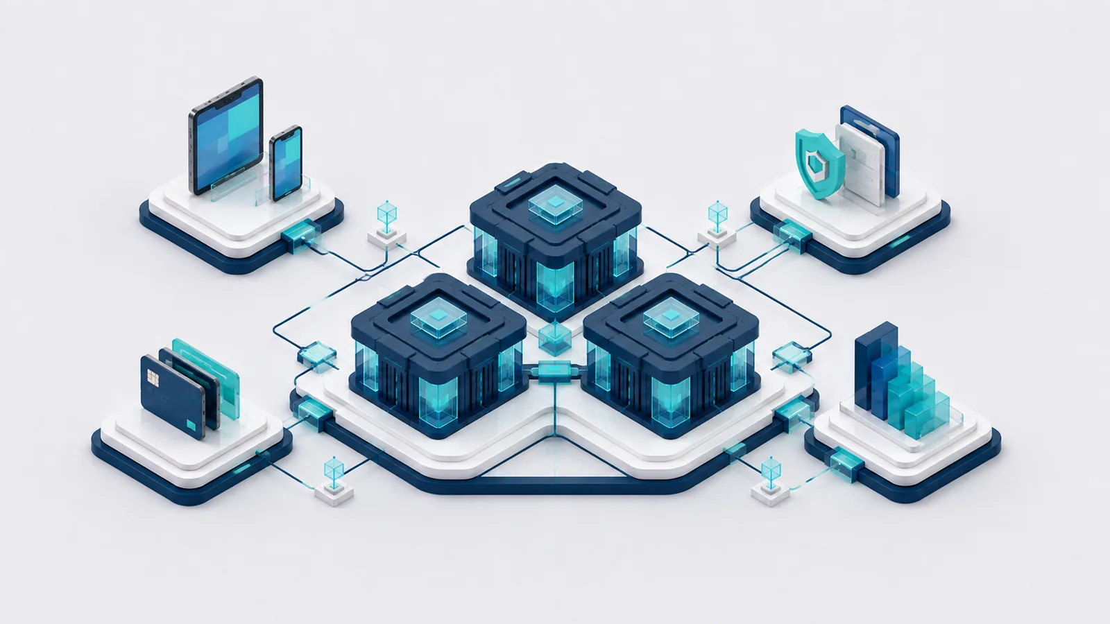 Illustrative overview of connected banking modules exchanging information, not a live product screen