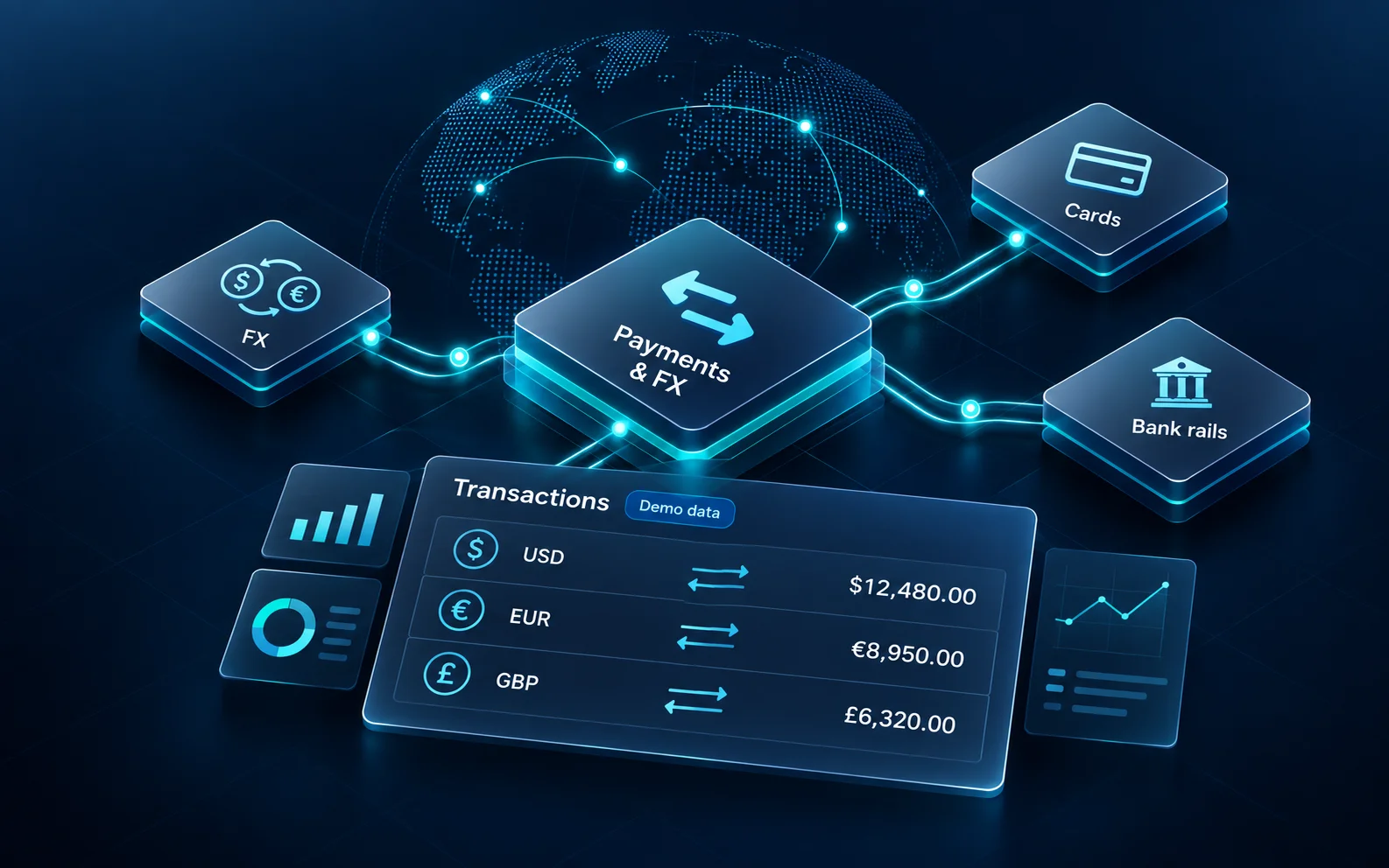 Payments and FX platform connected to banking rails and international routes, with an illustrative transaction panel.