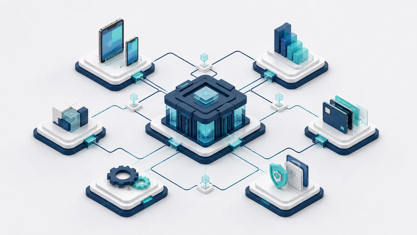 Architectural illustration of a banking core connected to customer devices, cards, payments, compliance and operations